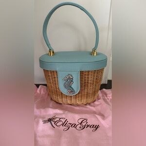 Eliza Gray Blue Seahorse Wicker Top Handle Mini Bag